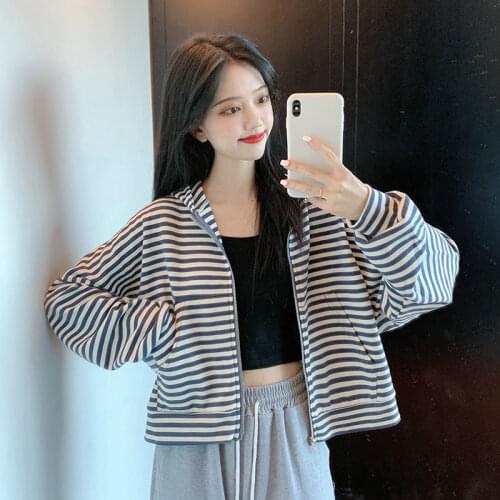 Women 2021 Spring Fashion Short Sports Striped Jackets Female New Loose Thin Sweatshirt Ladies Casual Hooded Overcoats W186