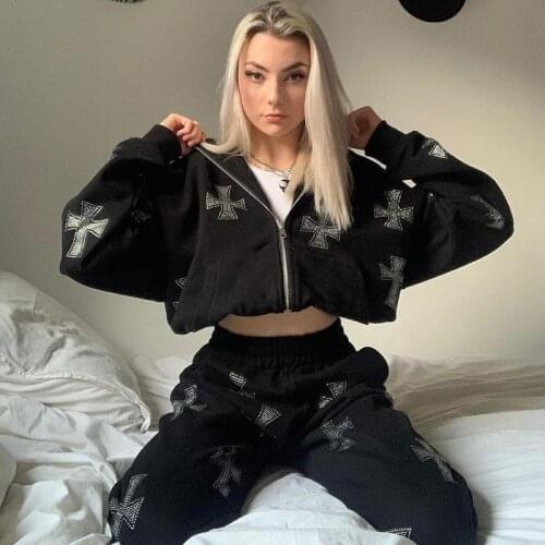 Y2K Fashion Rhinestone Zipper Hoodies Women Gothic Streetwear Long Sleeve Hip Hop Joggers Sweatshirt Autumn Black Sport Outfits