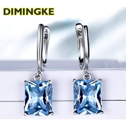 DIMINGKE 8*9 Baguette Sapphire Long Woman Earrings 100%-S925 Sterling Silver Jewelry Party Anniversary Gift