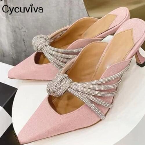 Sweet Crystal Summer Women Slippers Pointed Toe High Heel Slides Pink Party Dress Ladies Shoes Runway Sandalias 2021