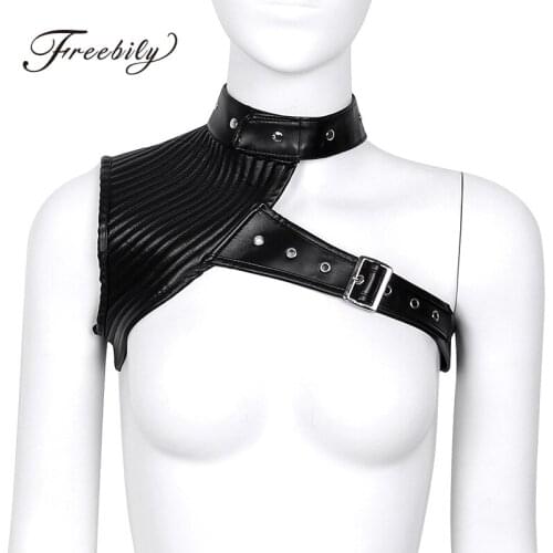 Women Black Faux Leather Halter Corset Crop Tops One Shoulder Adjustable Steampunk Gothic Style Retro Costumes Sexy Body Bustier