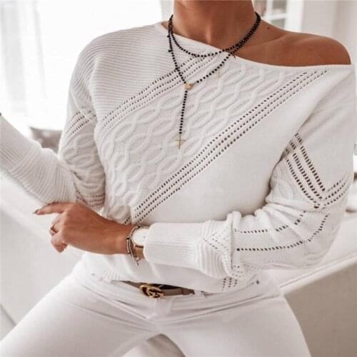 Women Oblique Shoulder Hollow Sweater Top Solid Color Long Sleeve Round Neck Knit Pullover Autumn Slim Knitwear