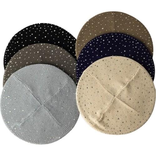 Women Knitted Fashion Solid Color Beret Korean Rhinestone Autumn Spring Casual Hats Female Ladies Street Outdoor Brim Hat Berets