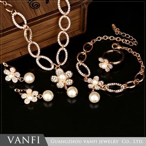 New Fashion Austrian Crystal Champagne Color Necklace Earrings Bracelet Ring for Women Imitation Pearl Bridal Wedding Jewelry