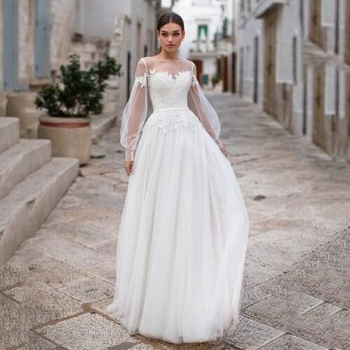 Thinyfull 2020 Elegant Wedding Dresses Long Puffy Sleeve Sheer Scoop Neck Bride Dresses Button Lace Appliques Vestidos de novia