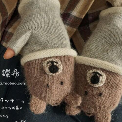 Winter Lolita Kawaii Cartoon Lovely Bear Lion Winter Wool Gloves Women Japanese Half Finger Warm Thicken Fingerless Gloves A282