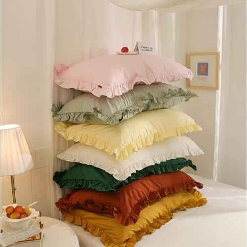 Cilected 100% Cotton Candy Color Lotus Leaf Lace Pillowcase Princess Style Pillow Core Protection Cover Cushion Cover Decor 1PC