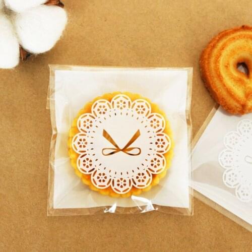100pcs Plastic Candy Bag Lace Bowknot Baking Cookie Transparent Opp Bags Self Adhesive Sealing Biscuits Snack Baking Package Bag