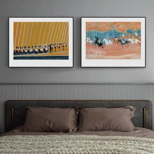 Retro Abstract Scenery Pink Sky Blue Horse Forest Snow Canvas Painting Wall Picture Printing Poster Living Room Sofa Decoration