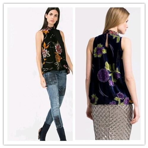 Spanish-style velvet spliced sleeveless shirt