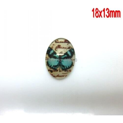 Free Shipping-30pcs Butterfly Pattern Oval Glass Dome Cabochon Flat Back 18x13mm for Tray Pendant Cover Glass Crafts DIY M0093
