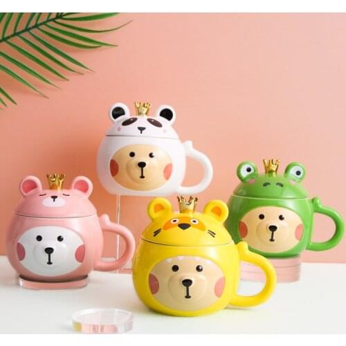 Cute Bear Cartoon Hand Painted Ceramic Cup Large Capacity Mug With Lid And Spoon