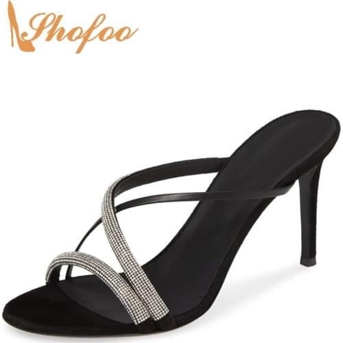 Black Crystal High Thin Heels Stilettos Sandals Woman Slides Large Size 11 16 Ladies Summer Fashion Mature Party Shoes Shofoo