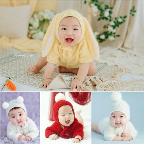 Dvotinst Newborn Photography Props Baby Knitted Outfits Rompers Cute Ball Rabbit Hat Bonnet Fotografia Accessories Photo Props