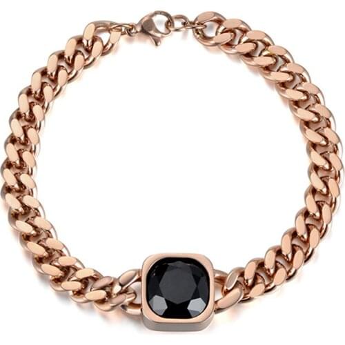 Classic Rose Gold Color 14mm Square Black Cubic Zirconia Bracelets Bangles Stainless Steel Link Chain Bracelet B18021R