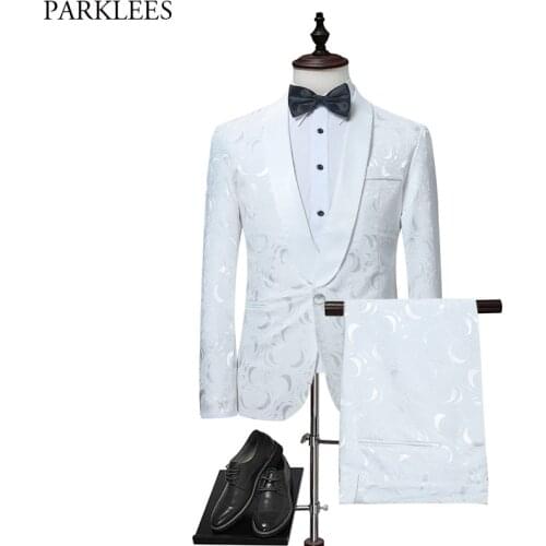 Mens White Floral One Button Suits Party Wedding Groom Tuxedos Groomsmen 2 Piece Suit (Jacket+Pants) Male Costume Mariage Homme