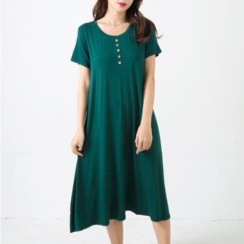 Summer New Korean Style plus Size Loose Solid Color Mid-Length Modal Dress Five-Button round Neck Short Sleeve sleep Dress