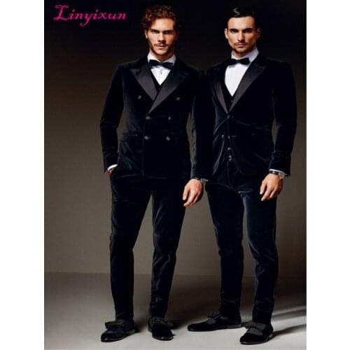Linyixun Latest Coat Pant Designs Navy Blue Double Breasted Velvet Men Suit Formal Slim Fit 3 Piece Tuxedo Custom Groom Blazer