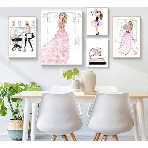 Minimalism Pink Beauty Girl Princess Wall Art Posters Prints Canvas Painting Wall Pictures for Bedroom Home Cuadros Decor