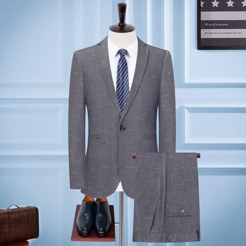 2022 Mens Business Plaid Suit Autumn New Youth Wedding Clothes Business Suit Two Pieces