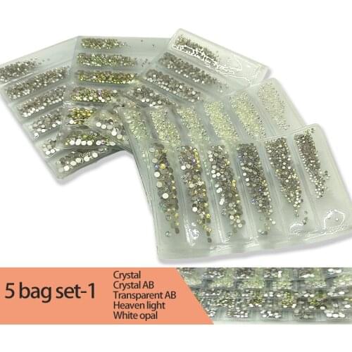 5 bags set of nail art rhinestone round flat bottom fashion crystal ss4-ss16 used in nail decoration items