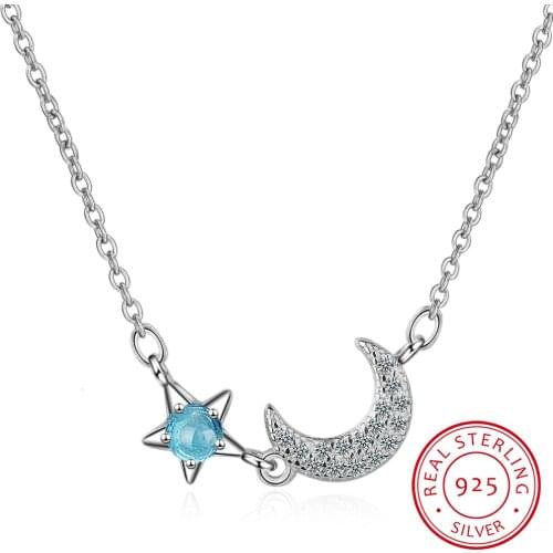 2019 New Blue Star Zirconia Moon Clavicle Chain Short Necklace For Women 925 Sterling Silver Necklace S-n324