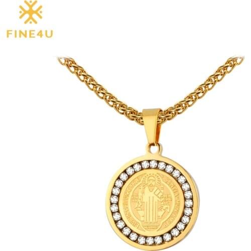 FINE4U N066 San Benito Holy Pendant Necklace For Men Women 316L Stainless Steel Chain Necklaces Cubic Zirconia Religious Jewelry