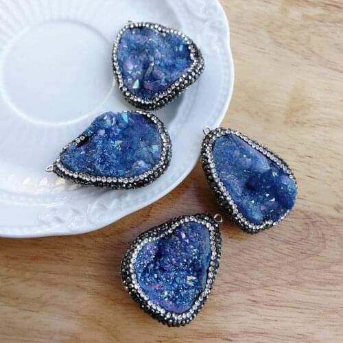Blue quartz crystal Stone Pendant Natural stone Druzy agates pendulum charm Necklace for jewelry making Healing gifts 6pcs