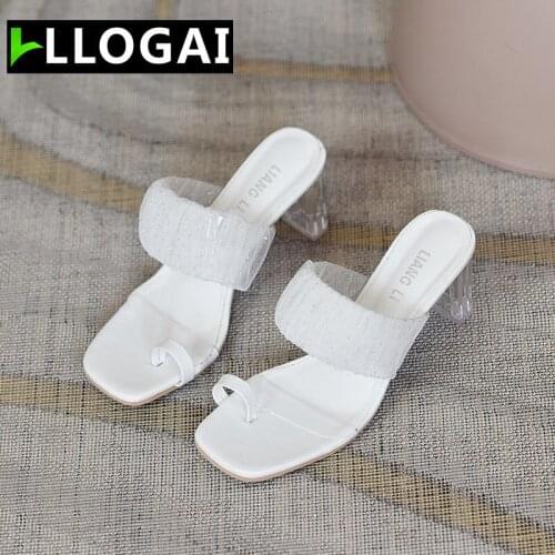 Fashion High-heeled Sandals Summer White Black Square Toe Ladies Shoes Transparent Crystal Heel Slippers Women Luxury Sandals