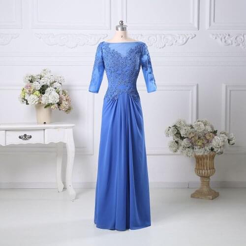 Blue Three Quarter 3/4 Sleeve Chiffon Mother of the bride dresses Long Wedding Mother Prom Dress