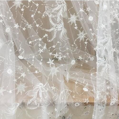 Star Celestial Embroidery Fabric, Soft Ivory White Tulle for Dress Shirt, Sequin Lace Fabric, Fashion Material by the Yard