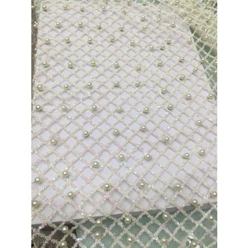 High quality withe and silver french tulle mesh lace fabric for party special pattern african glued glitter fabric with beads