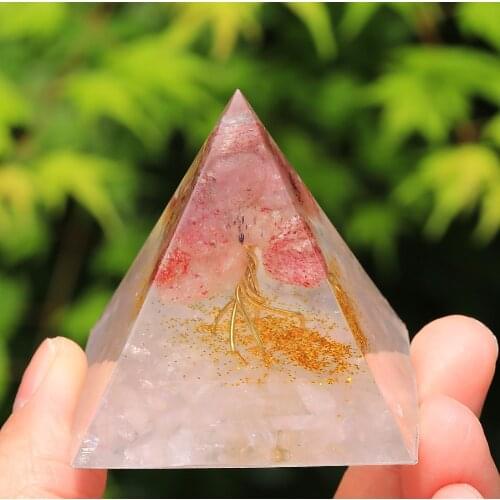 High quality Handmade pink Crystal Tree Of Life Orgone Pyramid natural Stone Healing Orgonite Pyramid Resin Ornaments jewelry