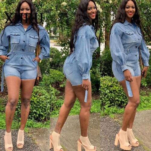 XURU autumn new hot denim jumpsuit Europe and America womens sexy belt button denim jumpsuit