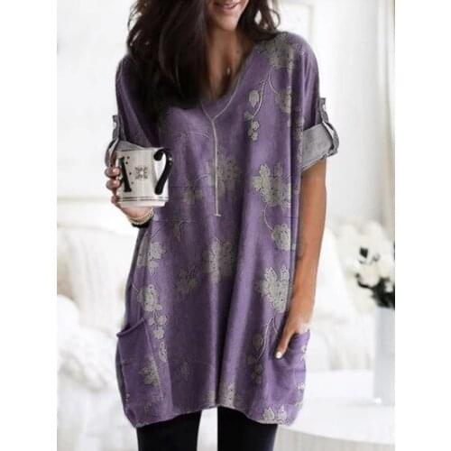 Autumn 2021 Women Fashion Loose Print With Pocket Long T-Shirt Ladies Casual V-Neck Long Sleeve Plus Size New Cotton Tee Tops