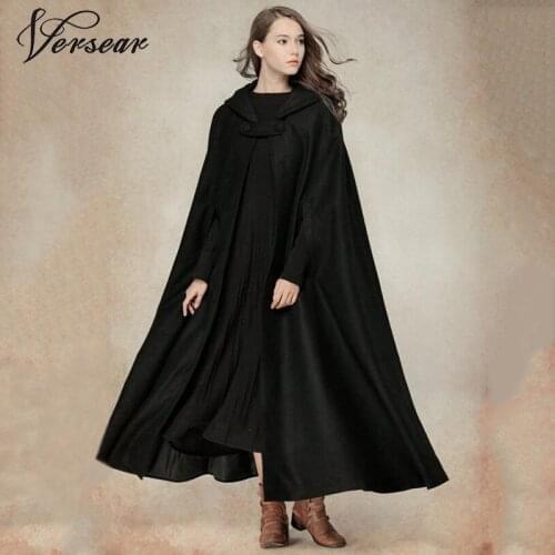 Versear Casual Women Winter Cloak Hooded Sleeveless Button Closure Long Cape Costume Cosplay Outerwear for Women 2020 New