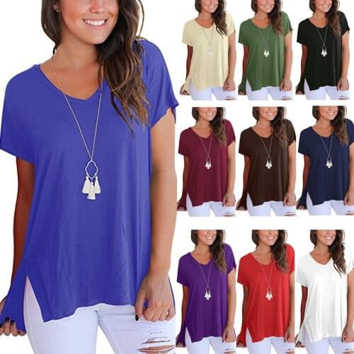 Spring Summer Womens Wear Front Short Back Long Side Seam Split V-neck Short Sleeve Loose T-shirt