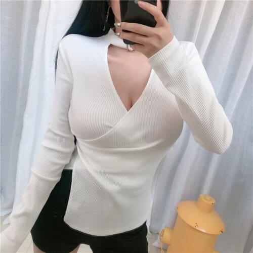 New Arrival Autumn and Winter Shirt Womens Slim Pullover Sexy 2021 V-neck Hollow Long-sleeved Tops Cross Sweater Woman 16072