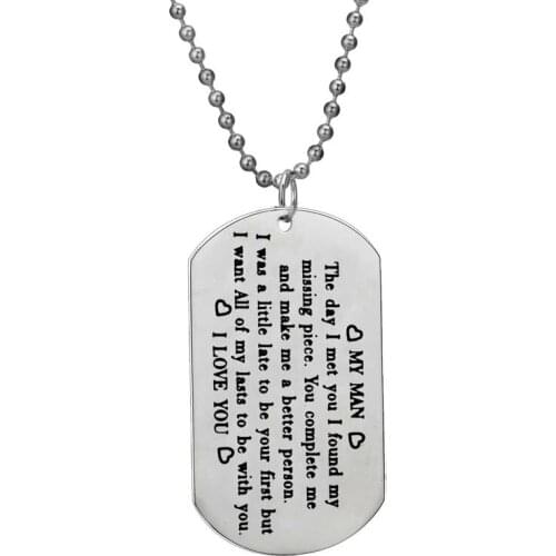 Stainless Steel Dog Tag Necklace Engraved Words My Man I Love You Lovers Couples Jewelry Boyfriend Husband Anniversary Gifts Hot