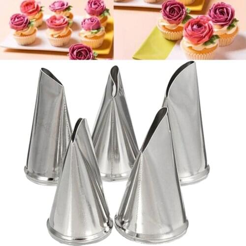 Aomily 5pcs/Set Rose Petal Icing Piping Nozzles DIY Cake Cream Decorating Tips Set Stainless Steel Baking Cupcake Pastry Tools