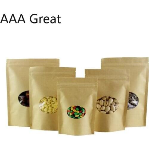 50Pcs/Lot Stand Up Kraft Paper Bags Transparent Window Zip Lock Kraft Paper Pouches Zip Lock Pouch Food Candy Storage