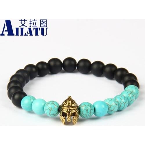 Ailatu Roman Warrior Charm Jewelry 8 mm Black Matte Glass Beads Zinc Alloy Hero Helmet Bracelet for Powerful Men