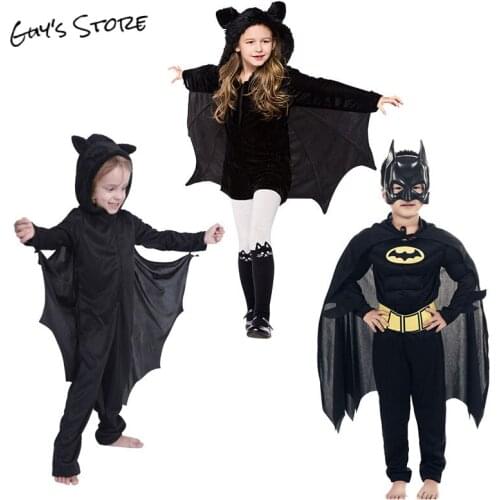 Black bat costumes for boys and girls, hooded Halloween jumpsuits, cosplay costumes, winged jumpsuits, masquerade costumes