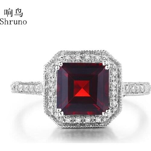 Shruno Solid 10K White Gold Flawless Octagon 8x8mm Garnet Diamonds Engagement Wedding Ring Women Vintage Fine Jewelry