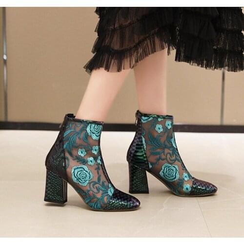 National Style Embroidered flat heels short boots spring and summer boots hollow mesh cool boots womens shoes flat bottom net r