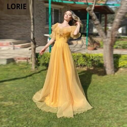 LORIE 2021 Yellow Organza Prom Dress A Line Long Sweetheart Off Shoulder Short Sleeves Evening Party Gowns Vestido De Noiva