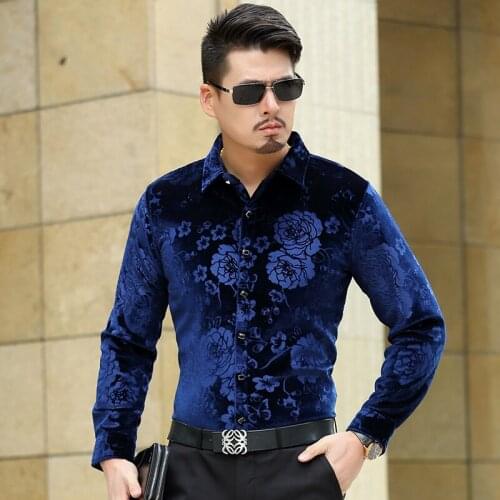 High Quality Autumn & Spring Mens Floral Velvet Shirt Long Sleeve Male Casual Gold Velvet Dress Shirts