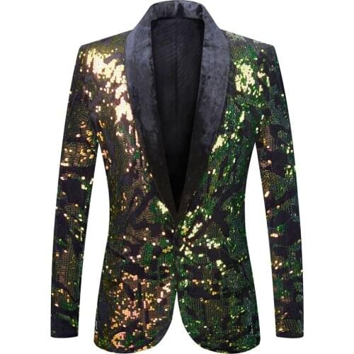 Fashion Evening Party Mens Host Glitter Sequins Blazer Golden Green Velvet Collar Suit Jacket Slim Fit Tuxedo Singer Costume