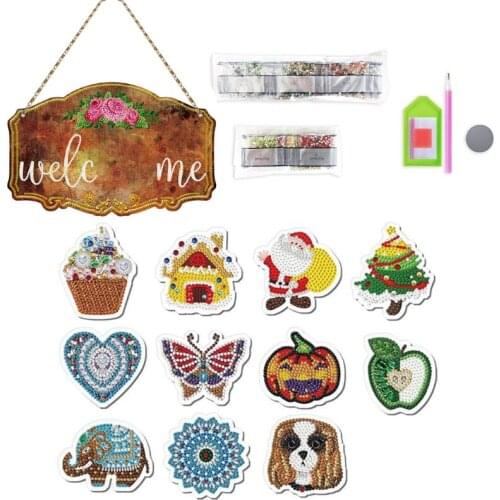 K1MF 5D DIY Door Listing Diamond Painting Kit Glowing at Night Handmade Welcome Sign Magnetic Stickers for Home Door Decor