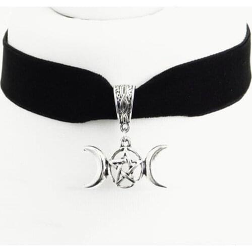 Wicca Witchcraft Triple Moon Necklace Black Velvet Collar Charm Black Beads Connection Neck Brace For Women Jewelry Bijoux